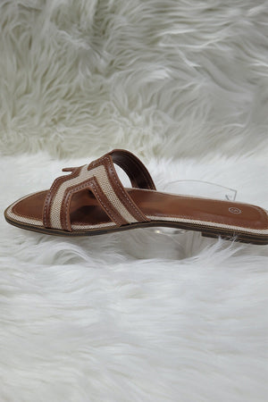 TAN CUT OUT WOVEN TRIM FAUX LEATHER SLIDER