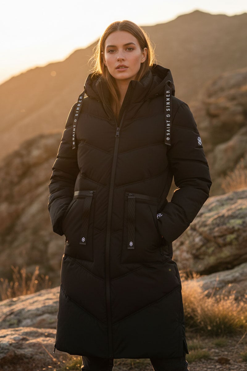 BLACK QUILTED HOODED 4 POCKET PUFFER COAT