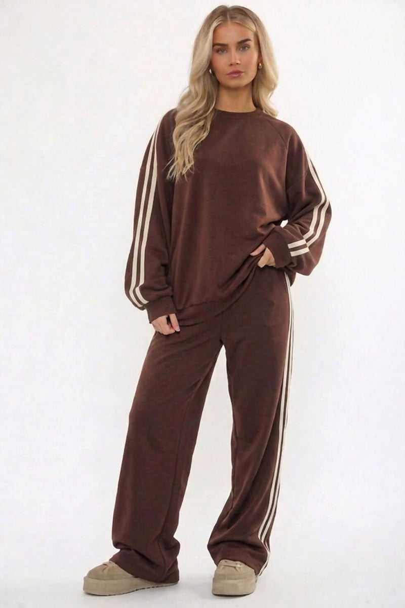 CHOCOLATE AND CREAM DOUBLE STRIPE TRIM WIDE LEG LOUNGE SUIT