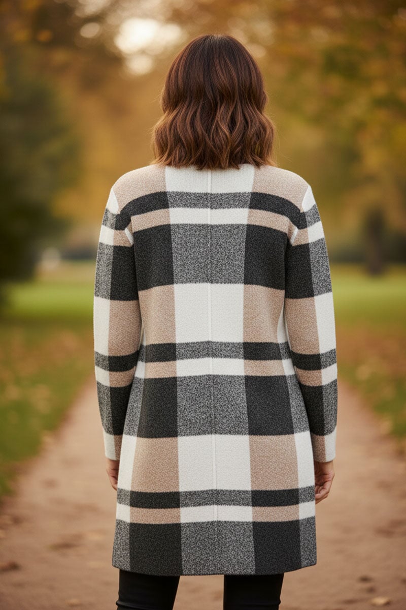 CHARCOAL AND BEIGE LONG TWO POCKET KNITTED CARDIGAN