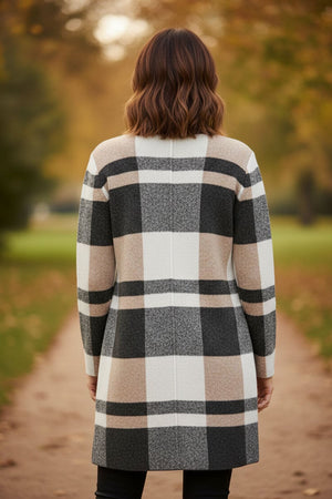 CHARCOAL AND BEIGE LONG TWO POCKET KNITTED CARDIGAN