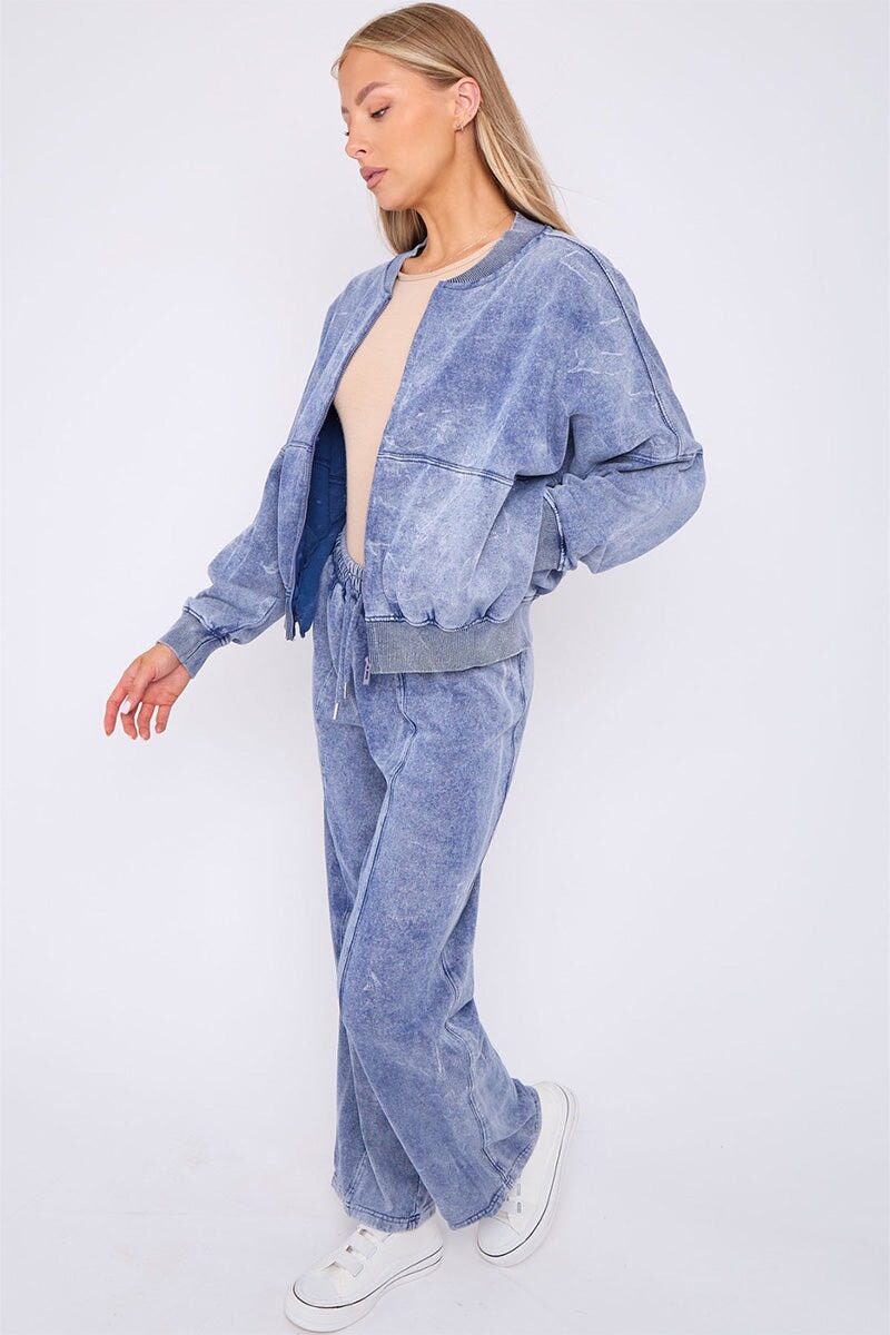 BLUE ACID WASH ZIPPED BOMBER SWEATSHIRT WITH STRAIGHT LEG TROUSER