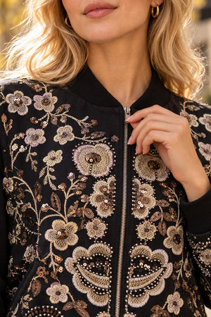 BLACK EMBROIDERED SEQUIN BOMBER JACKET