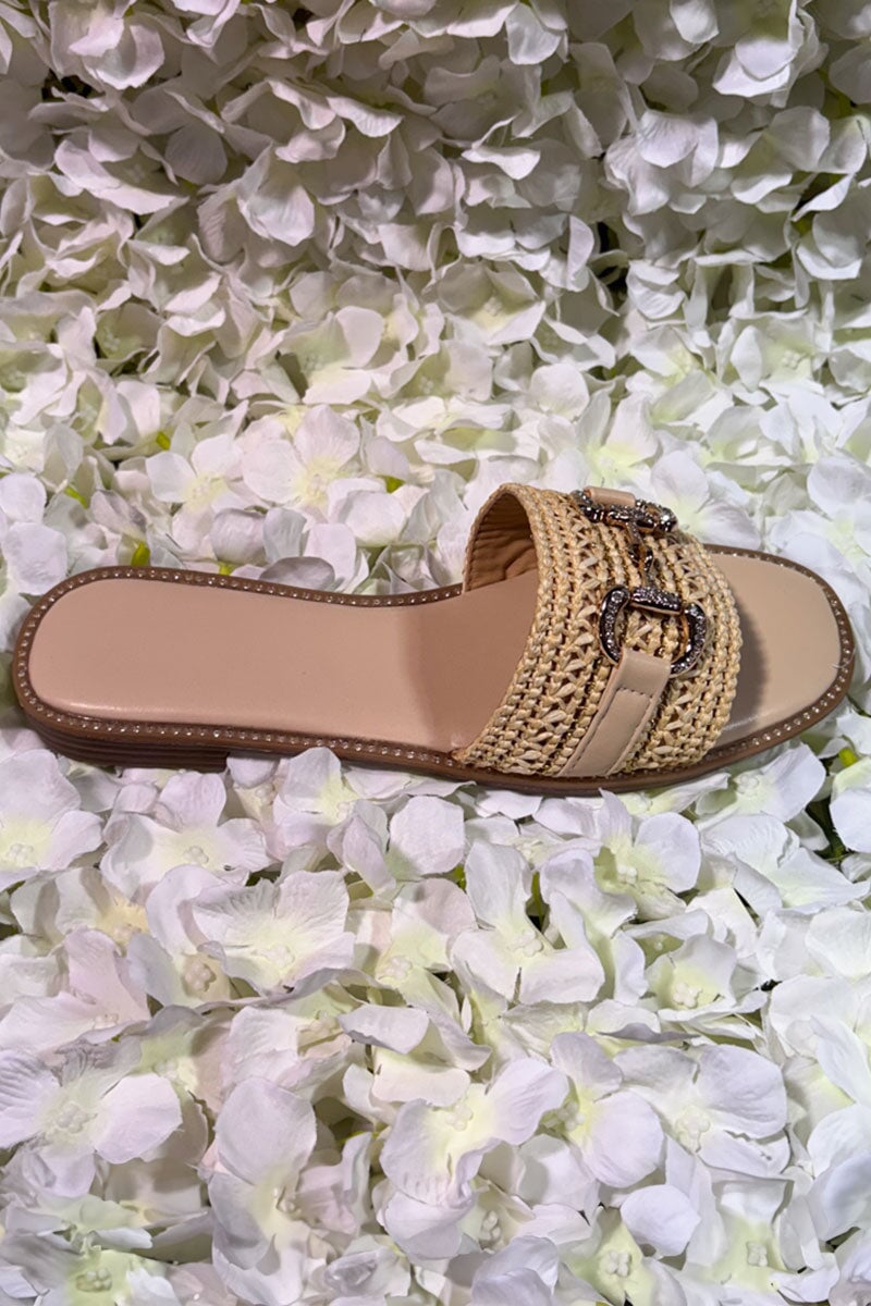 BEIGE WOVEN RAFFIA EMBELLISHED GOLD BUCKLE SLIDER