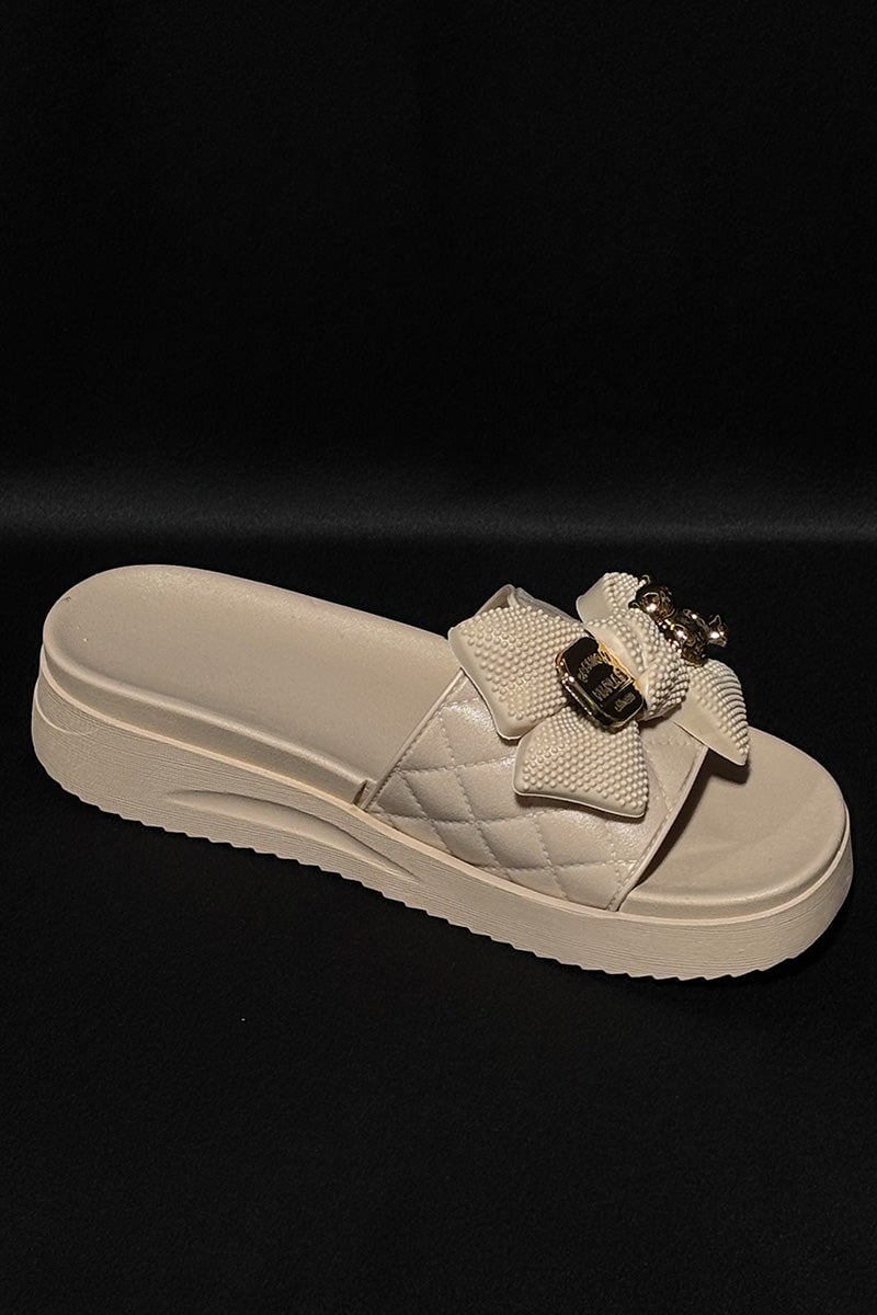 BEIGE QUILTED GOLD TRIM FAUX LEATHER PLATFORM SLIDER