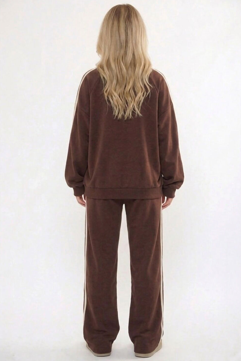 CHOCOLATE AND CREAM DOUBLE STRIPE TRIM WIDE LEG LOUNGE SUIT