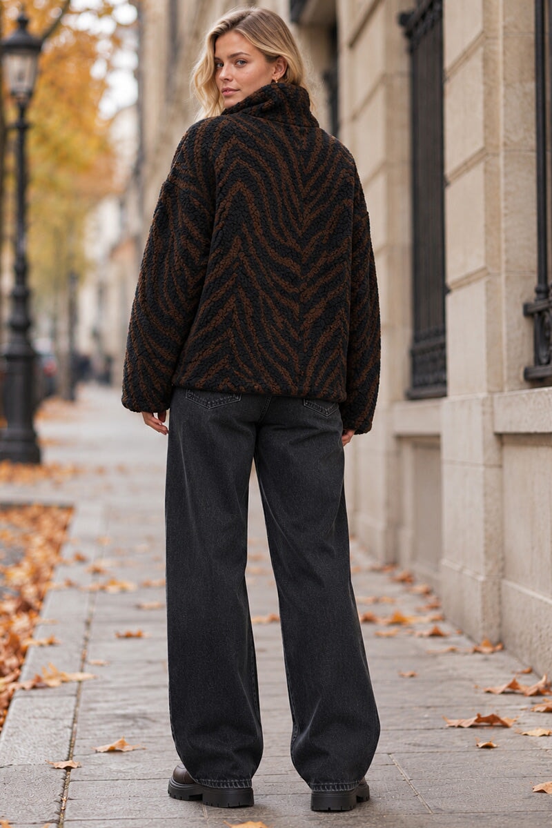 CHOCOLATE AND BLACK ANIMAL PRINT ZIP-UP TEDDY JACKET