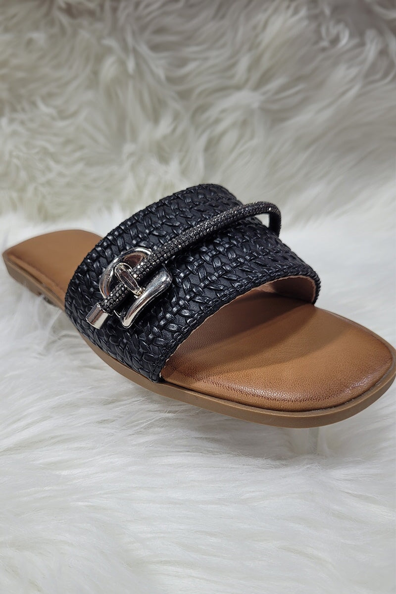 BLACK TEXTURED EMBELLISHED TRIM FAUX LEATHER SLIDER