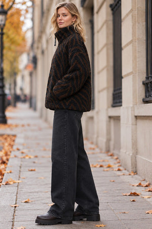 CHOCOLATE AND BLACK ANIMAL PRINT ZIP-UP TEDDY JACKET