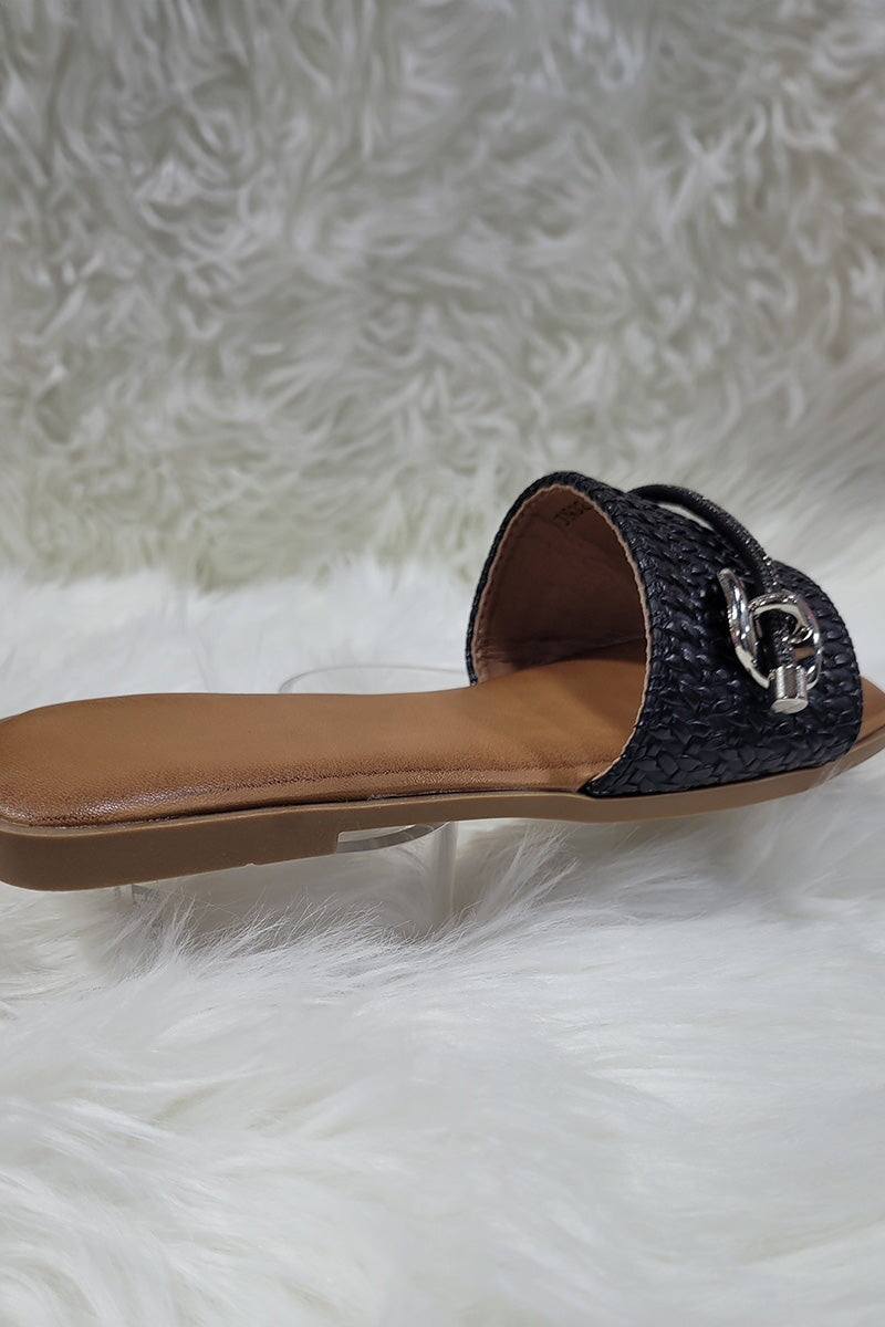 BLACK TEXTURED EMBELLISHED TRIM FAUX LEATHER SLIDER