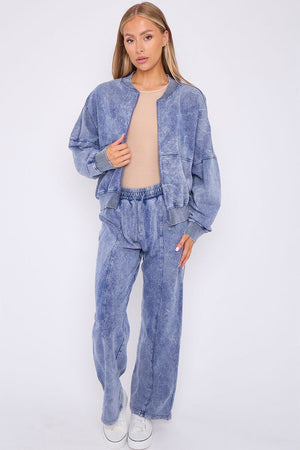 BLUE ACID WASH ZIPPED BOMBER SWEATSHIRT WITH STRAIGHT LEG TROUSER