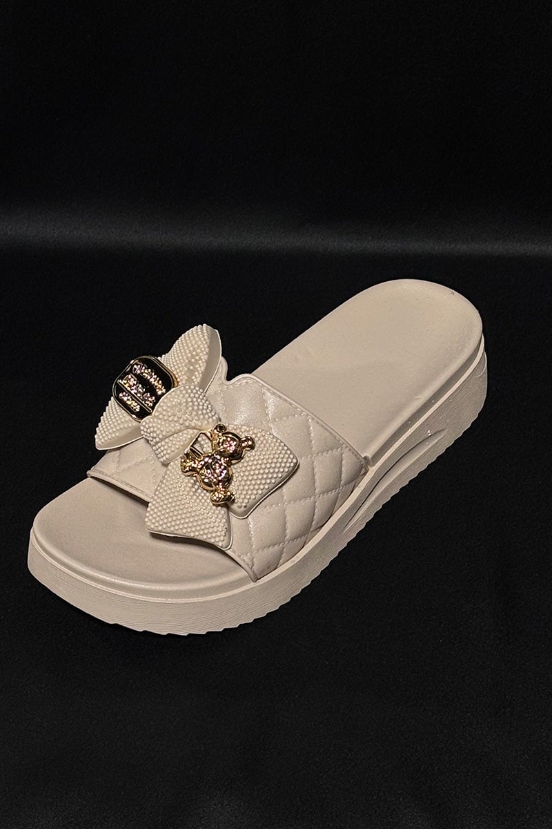 BEIGE QUILTED GOLD TRIM FAUX LEATHER PLATFORM SLIDER