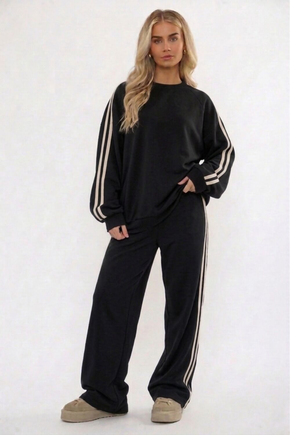 BLACK AND CREAM DOUBLE STRIPE TRIM WIDE LEG LOUNGE SUIT
