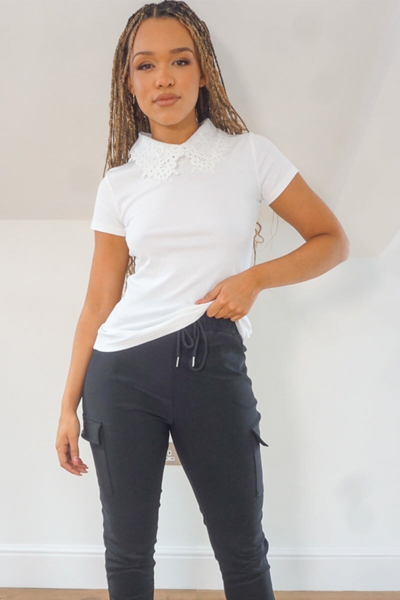 WHITE LACE COLLAR SHORT SLEEVE TOP