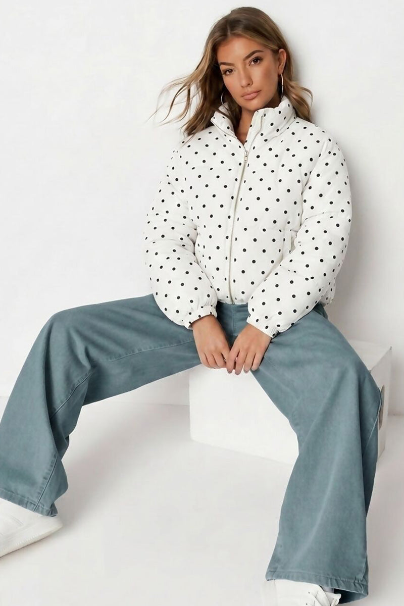 WHITE POLKA DOT BUBBLE HEM ZIP WINDBREAKER JACKET