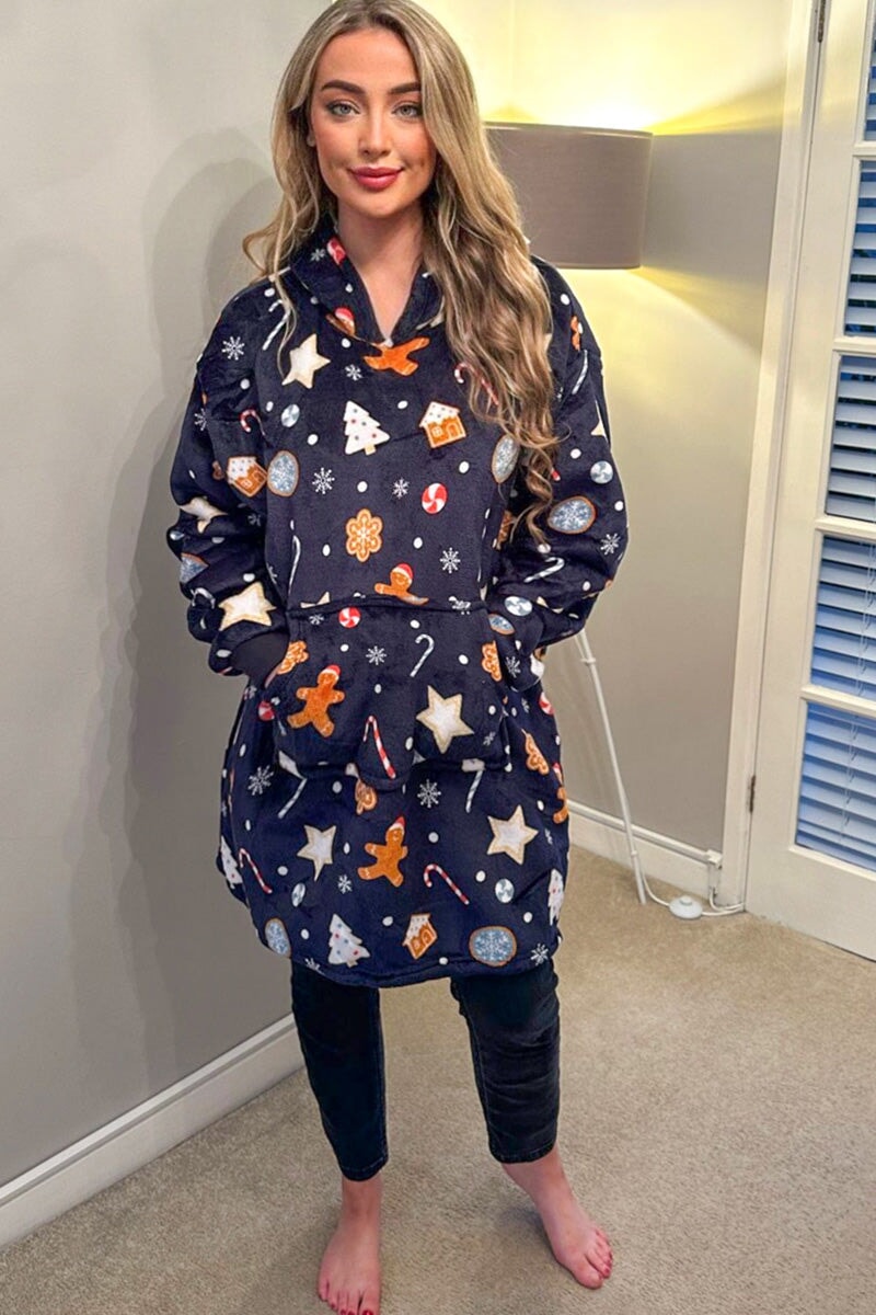 NAVY PRINTED OVERSIZED XMAS SNUGGLE HOODIE