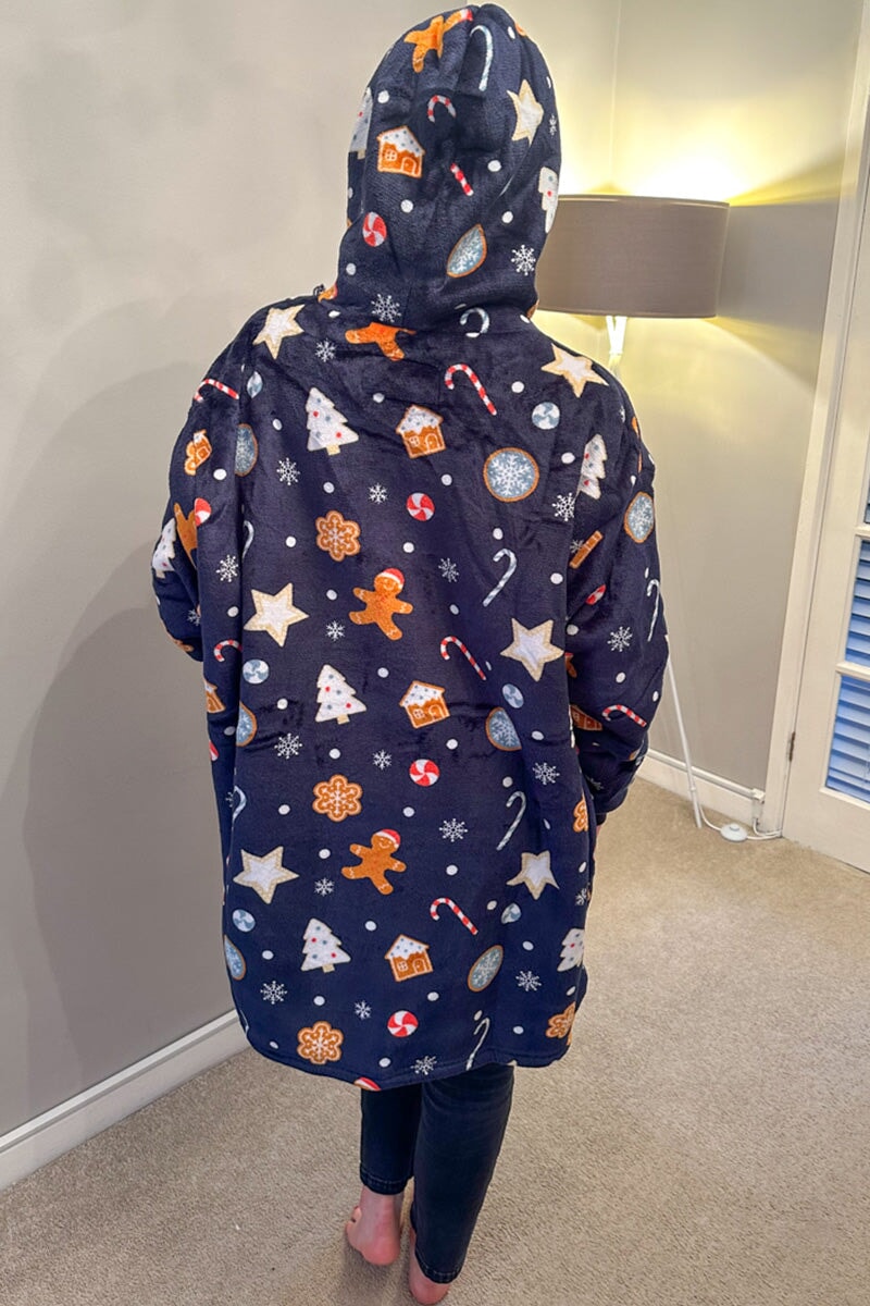 NAVY PRINTED OVERSIZED XMAS SNUGGLE HOODIE