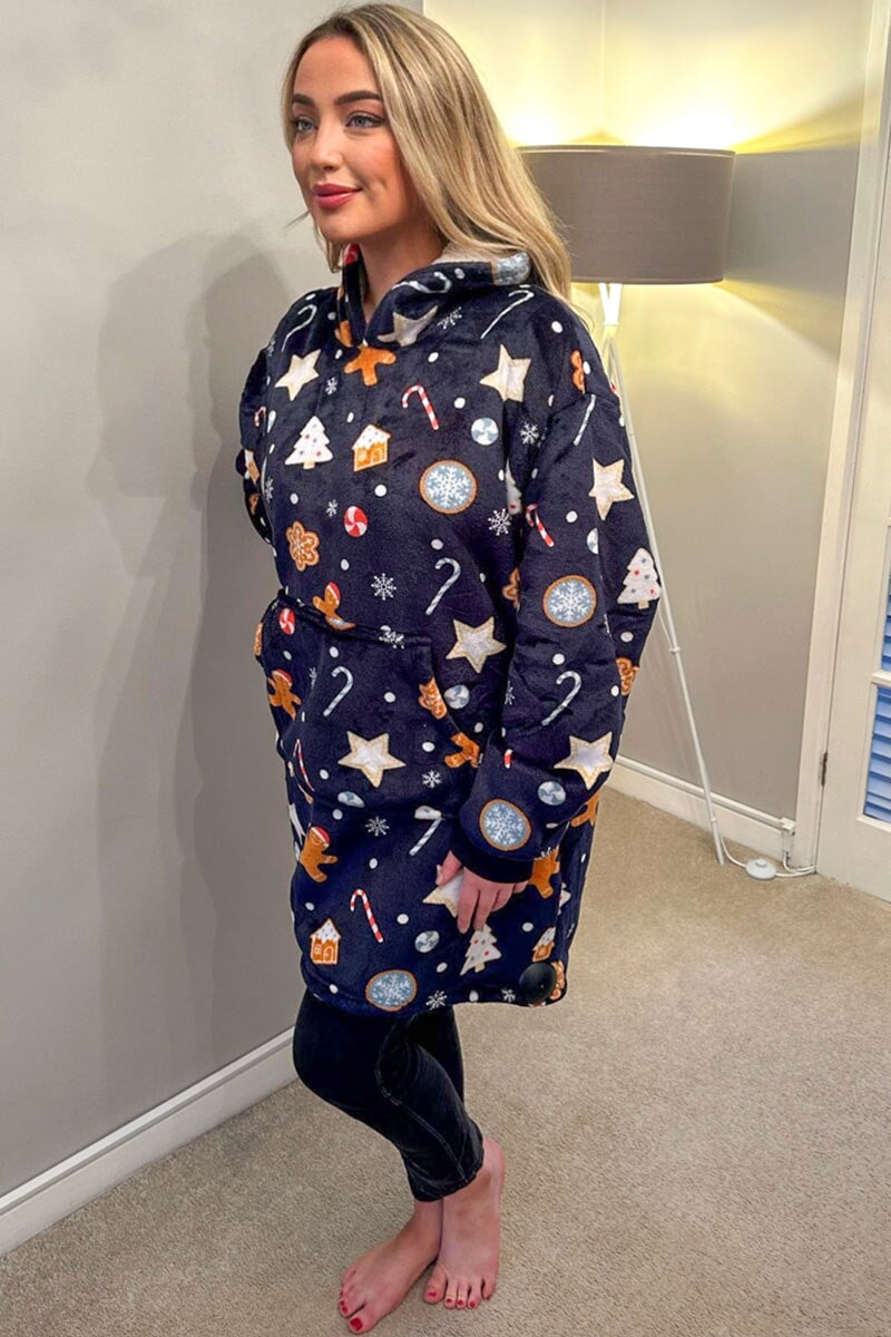 NAVY PRINTED OVERSIZED XMAS SNUGGLE HOODIE