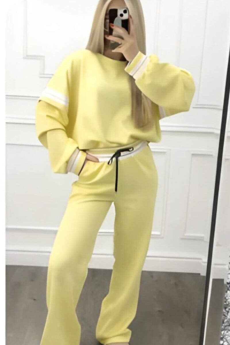 YELLOW AND WHITE STRIPED TRIM OVERSIZED WIDE LEG LOUNGE SUIT