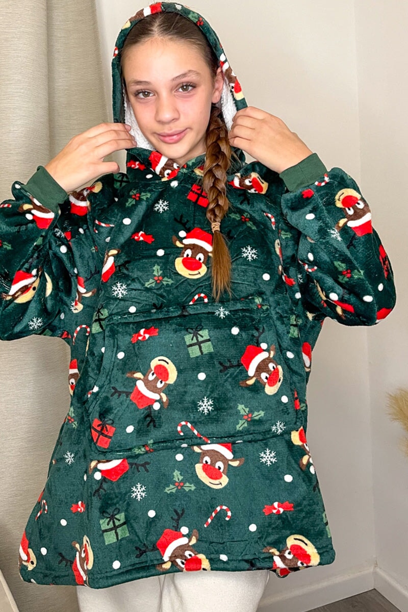 GREEN PRINTED JUNIOR OVERSIZED XMAS HOODED SNUGGLE