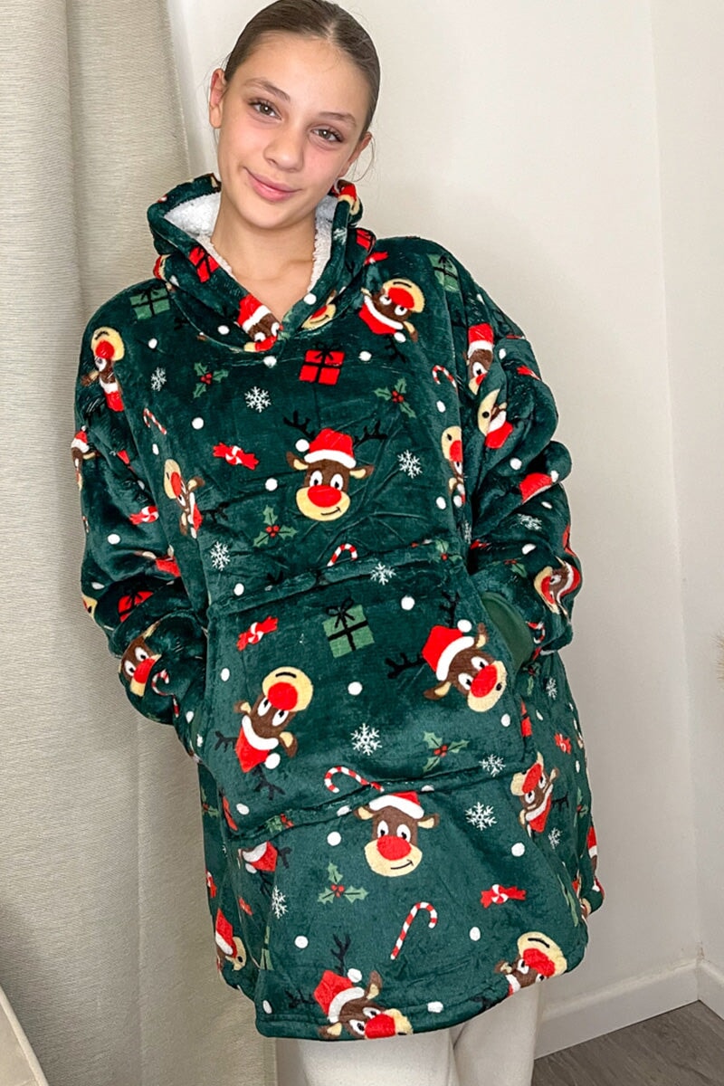 GREEN PRINTED JUNIOR OVERSIZED XMAS HOODED SNUGGLE