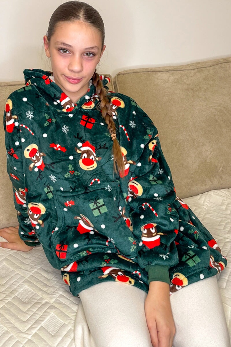 GREEN PRINTED JUNIOR OVERSIZED XMAS HOODED SNUGGLE