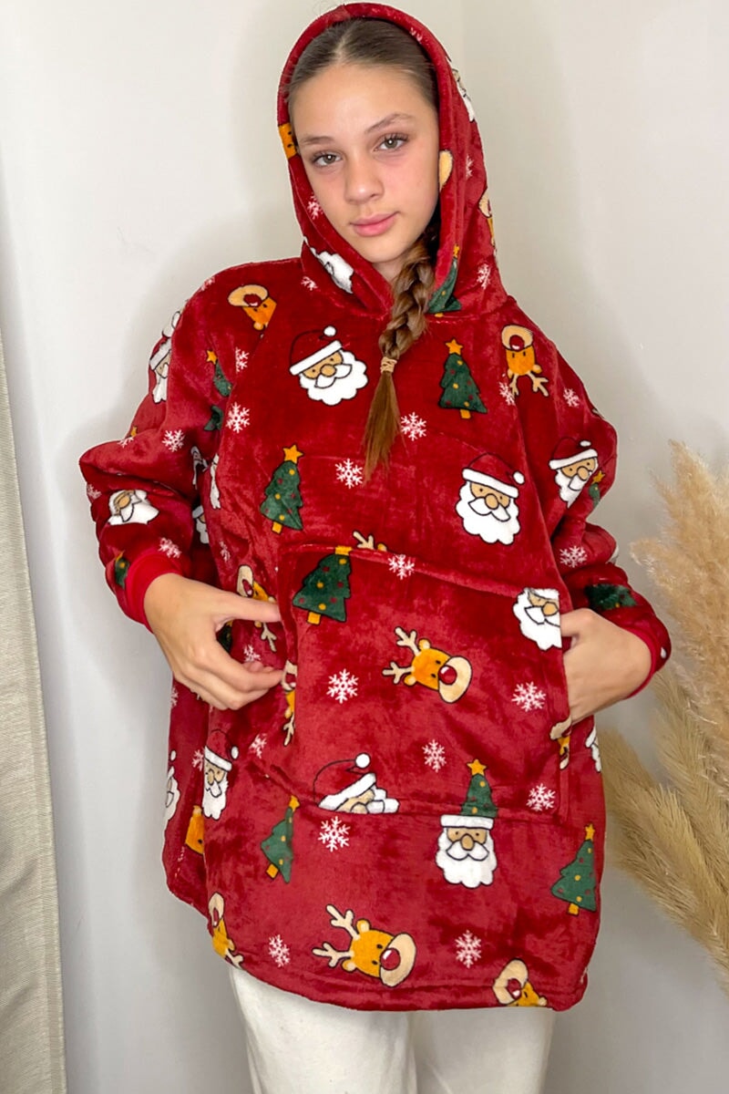 WINE PRINTED JUNIOR OVERSIZED XMAS HOODED SNUGGLE