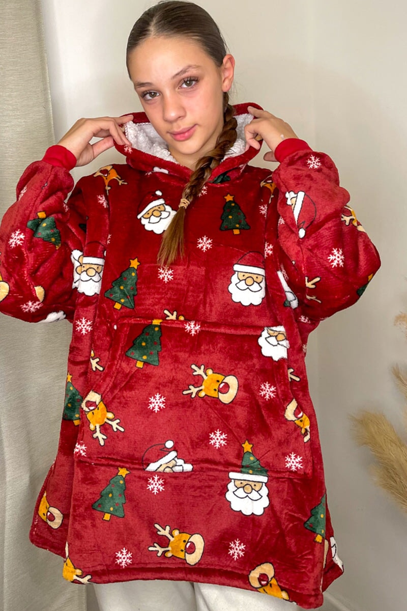 WINE PRINTED JUNIOR OVERSIZED XMAS HOODED SNUGGLE