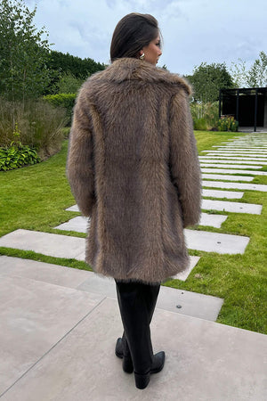 BROWN TIPPED FAUX FUR LONG JACKET