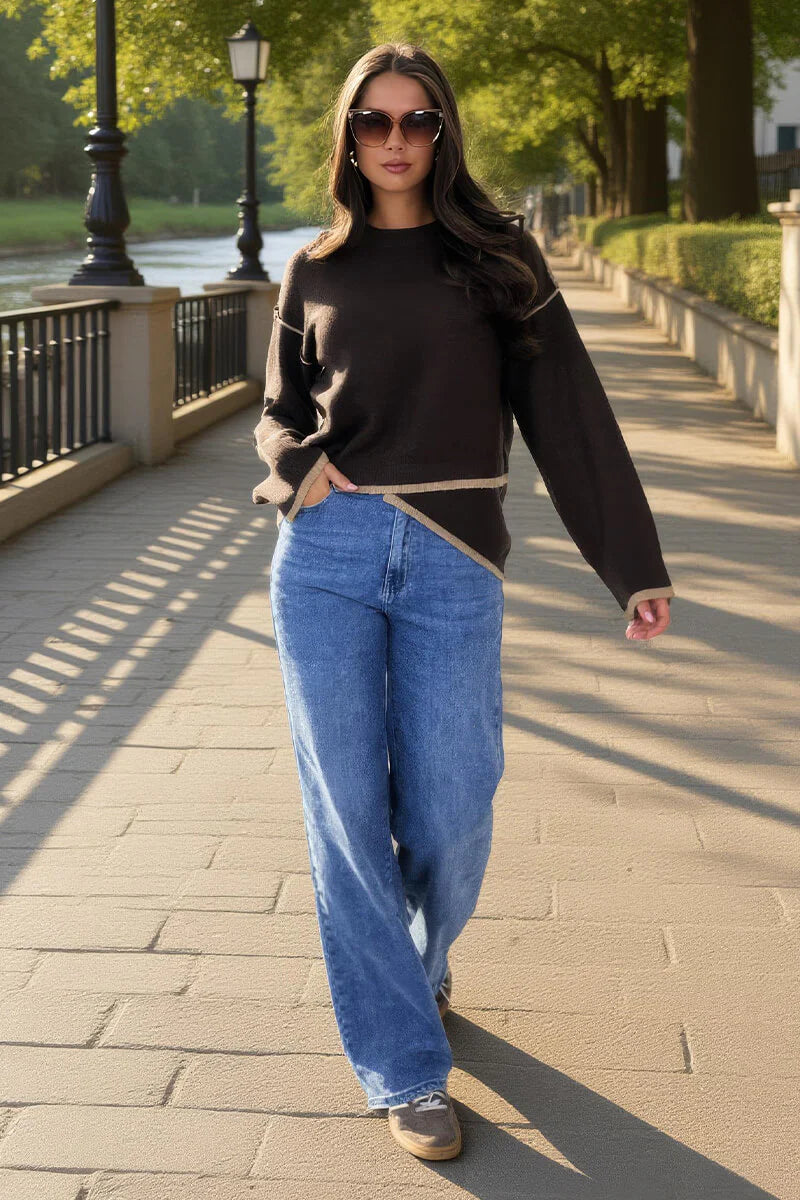 AX PARIS CHOCOLATE CONTRAST PIPING CREW NECK JUMPER