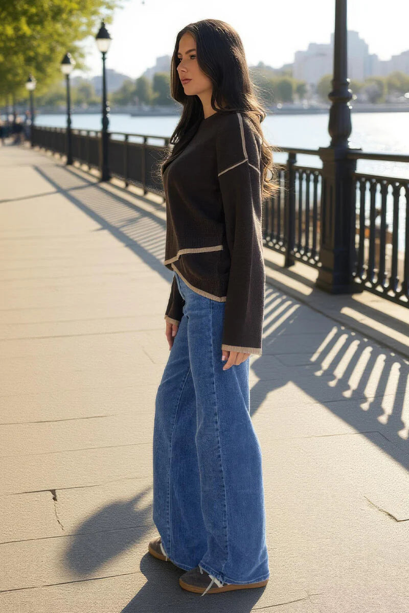 AX PARIS CHOCOLATE CONTRAST PIPING CREW NECK JUMPER