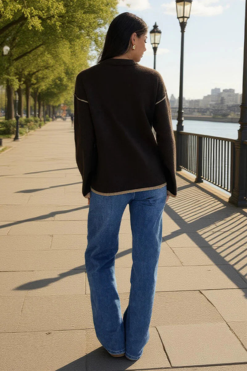 AX PARIS CHOCOLATE CONTRAST PIPING CREW NECK JUMPER