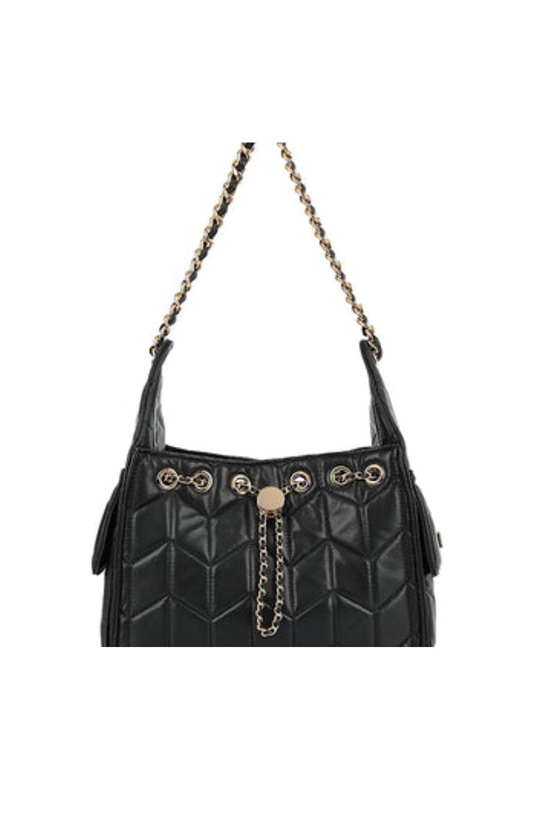 BLACK FAUX LEATHER QUILTED GOLD CHAIN SHOULDER BAG
