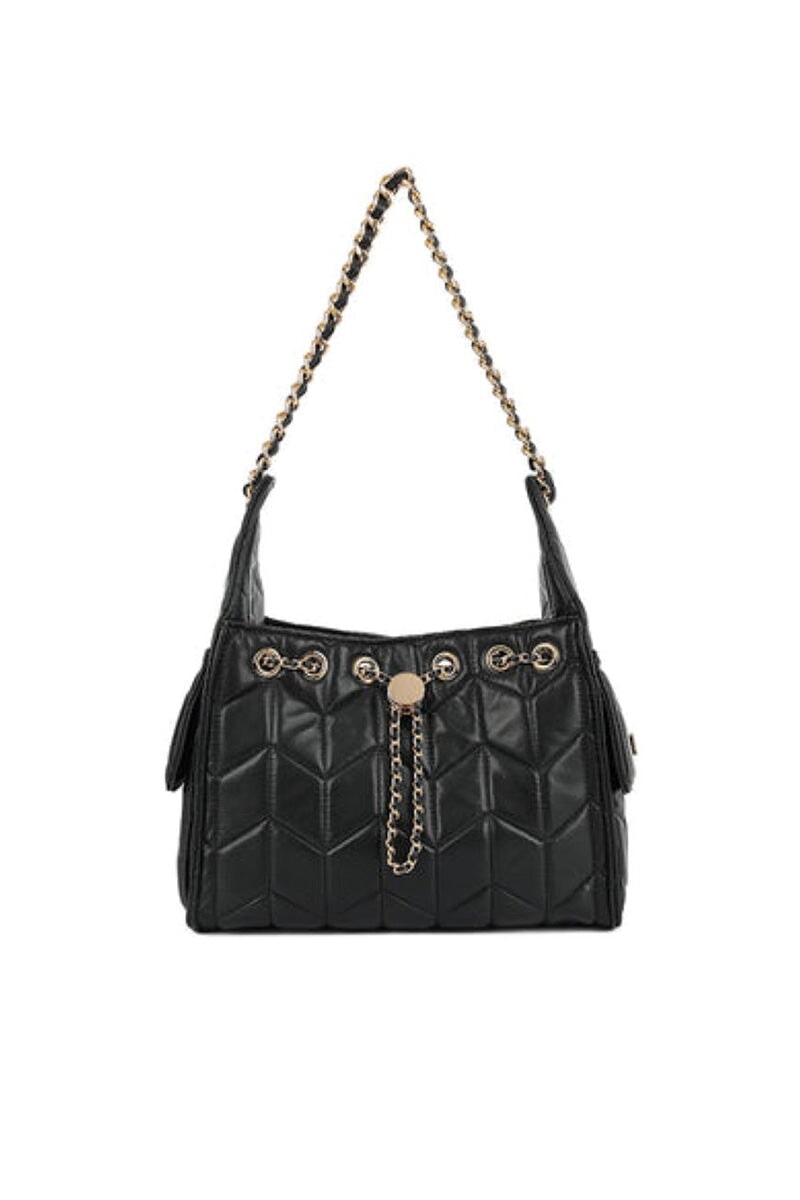 BLACK FAUX LEATHER QUILTED GOLD CHAIN SHOULDER BAG