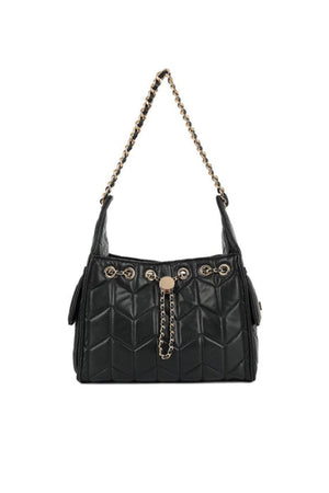 BLACK FAUX LEATHER QUILTED GOLD CHAIN SHOULDER BAG