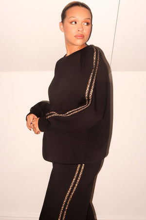 BLACK LEOPARD PRINT TRIM WIDE LEG LOUNGE SUIT