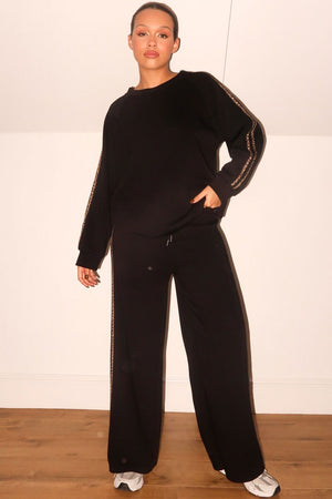 BLACK LEOPARD PRINT TRIM WIDE LEG LOUNGE SUIT