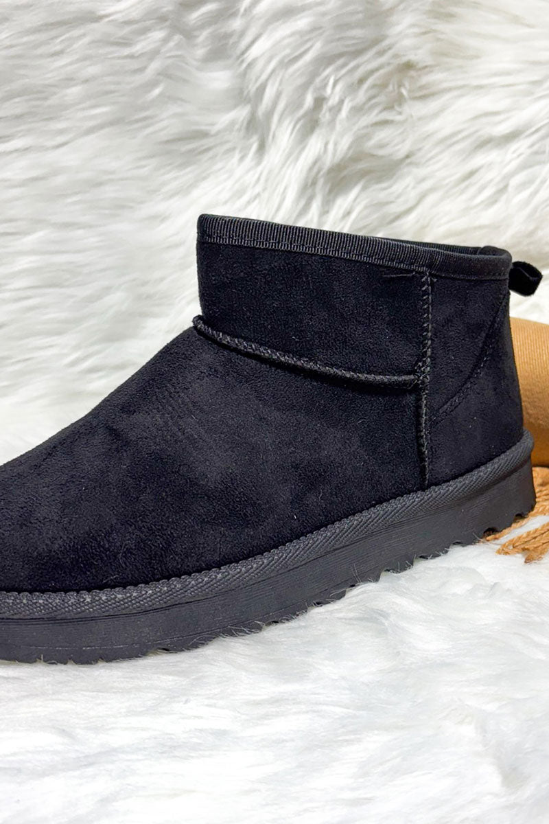 BLACK FAUX SUEDE SLIP ON ANKLE BOOTS