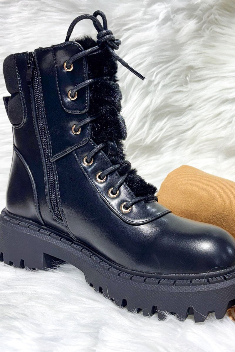 BLACK FAUX LEATHER FUR TRIM LACE UP ZIP ANKLE BOOT