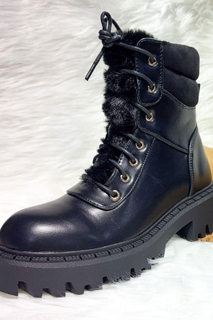 BLACK FAUX LEATHER FUR TRIM LACE UP ZIP ANKLE BOOT