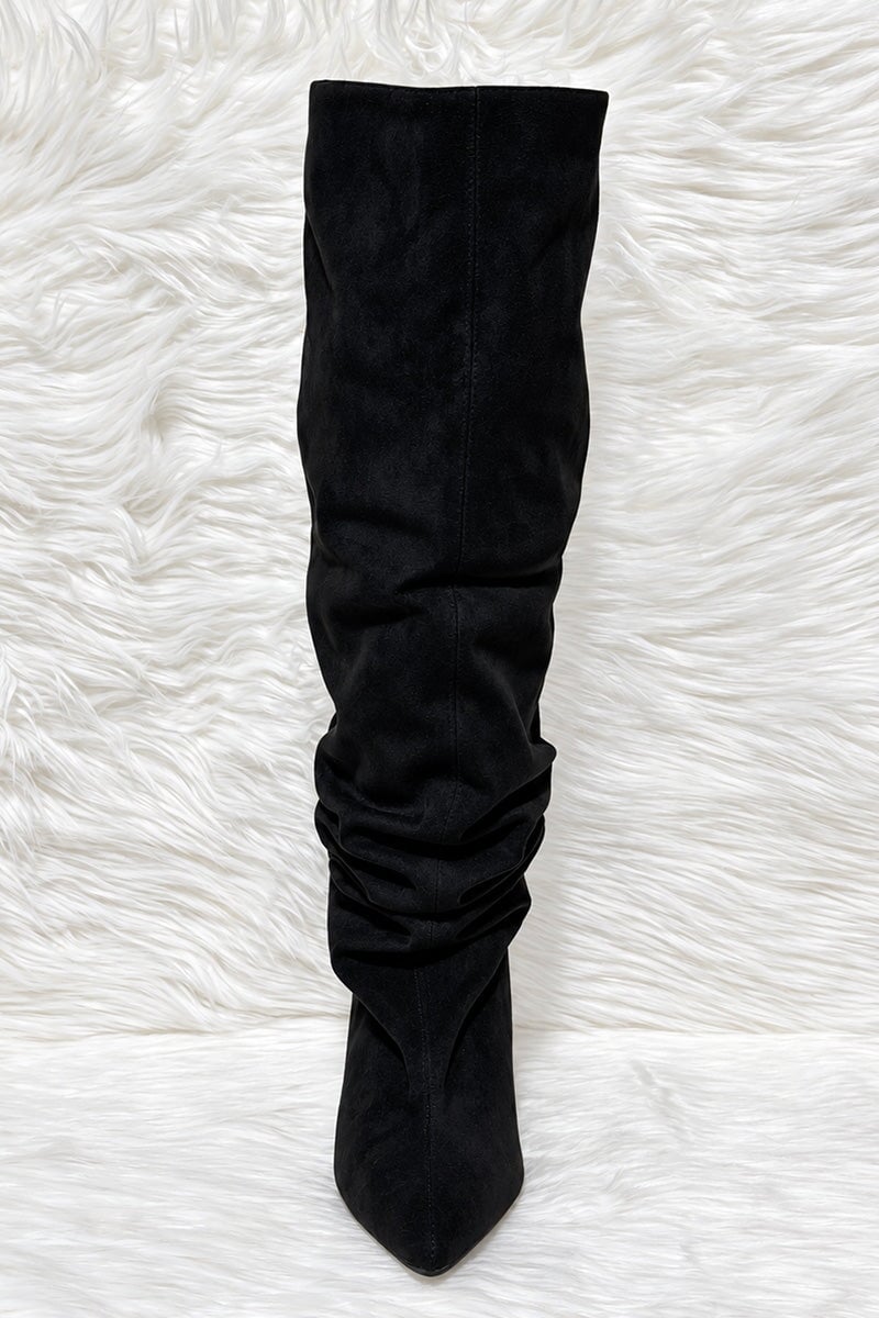 BLACK FAUX SUEDE SLOUCH KNEE HIGH BOOT