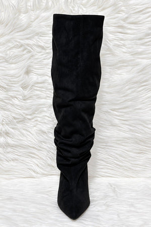 BLACK FAUX SUEDE SLOUCH KNEE HIGH BOOT