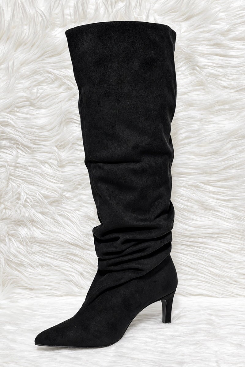 BLACK FAUX SUEDE SLOUCH KNEE HIGH BOOT