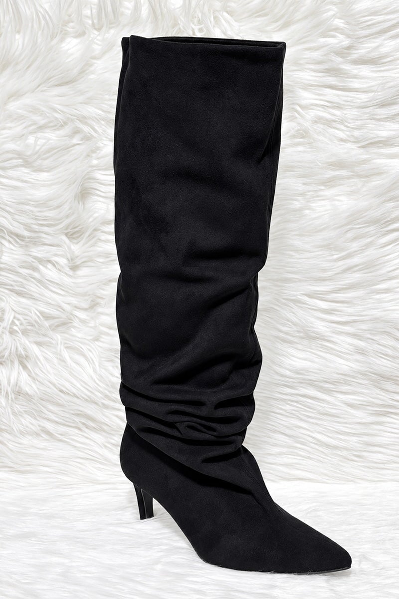 BLACK FAUX SUEDE SLOUCH KNEE HIGH BOOT