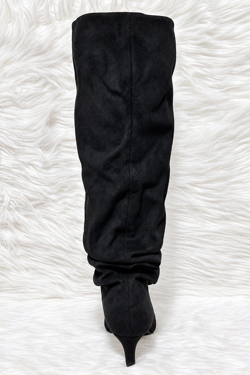 BLACK FAUX SUEDE SLOUCH KNEE HIGH BOOT
