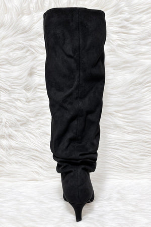BLACK FAUX SUEDE SLOUCH KNEE HIGH BOOT