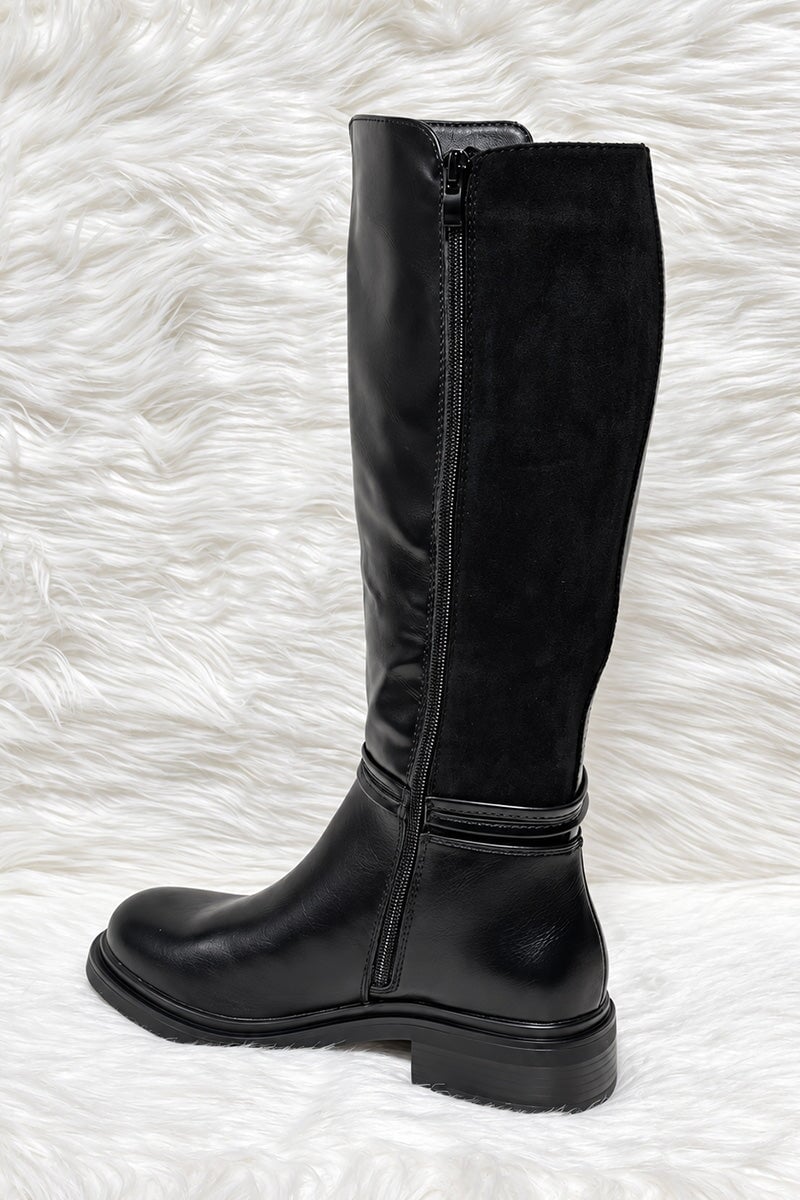 BLACK FAUX LEATHER PANEL KNEE HIGH BOOT