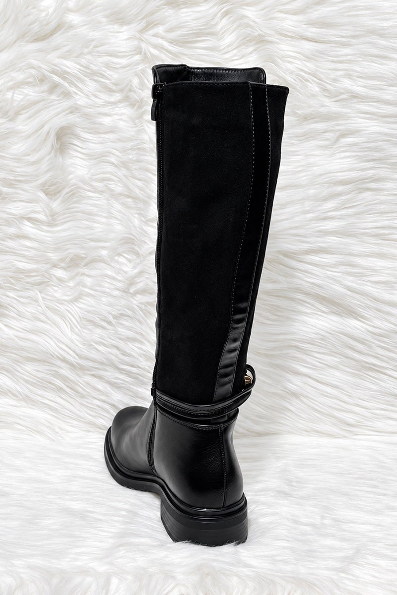 BLACK FAUX LEATHER PANEL KNEE HIGH BOOT