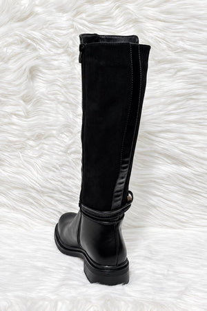 BLACK FAUX LEATHER PANEL KNEE HIGH BOOT