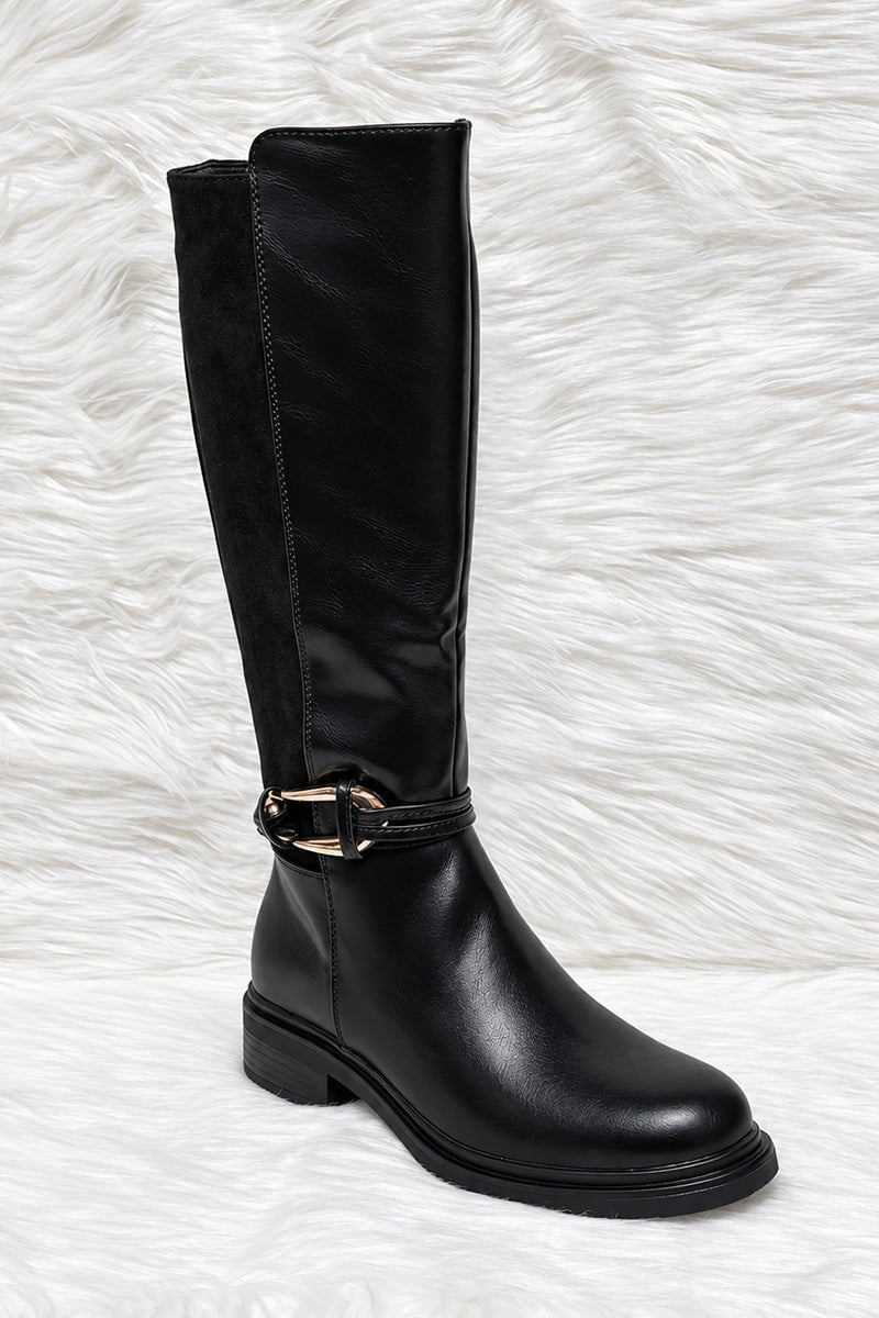 BLACK FAUX LEATHER PANEL KNEE HIGH BOOT